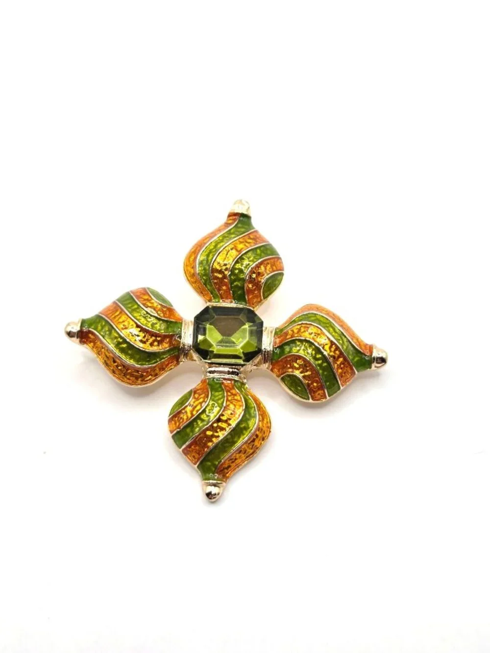 Gold-Tone Green & Orange Enamel Brooch With Faceted Center Gemstone